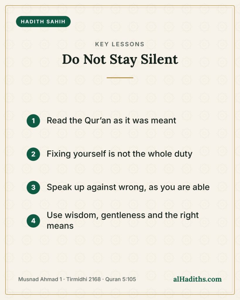 Do Not Stay Silent – key lessons card, Musnad Ahmad 1 · Tirmidhi 2168 · Quran 5:105