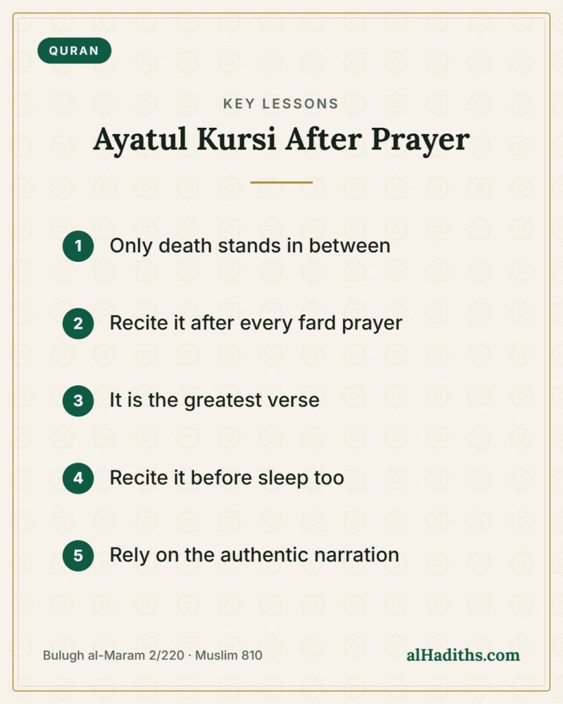 Ayatul Kursi After Prayer – key lessons card, Bulugh al-Maram 2/220 · Muslim 810
