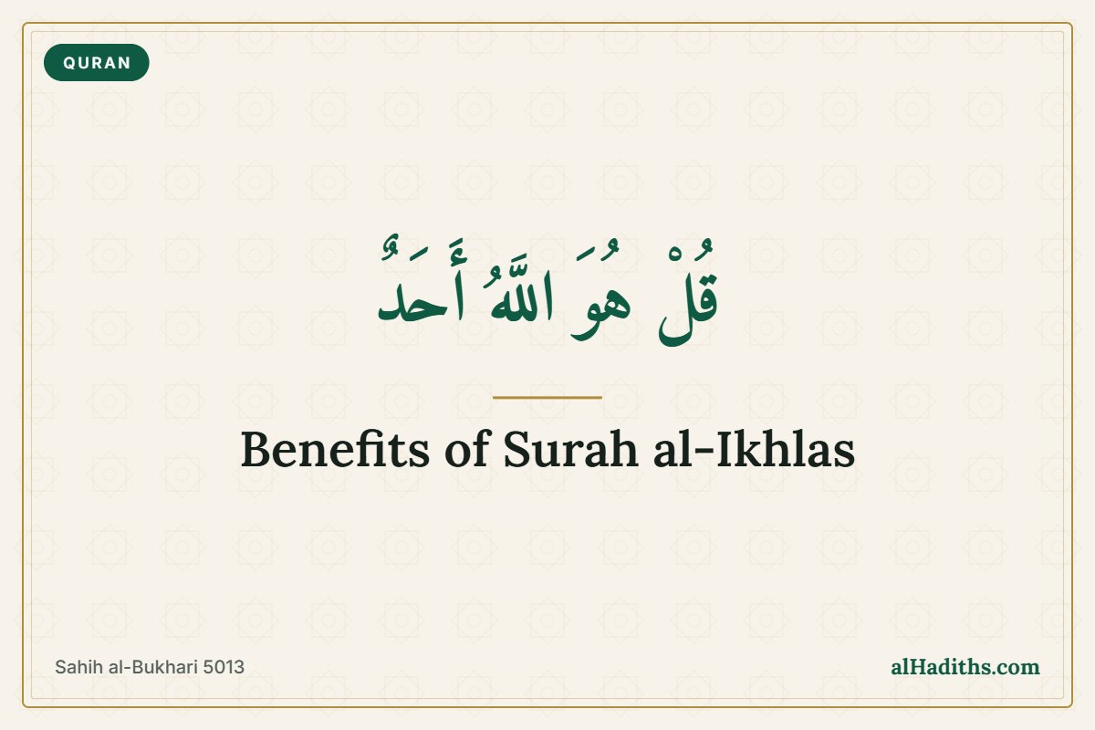 Benefits of Surah al-Ikhlas – 'Say: He is Allah, the One' hadith card, Sahih al-Bukhari 5013