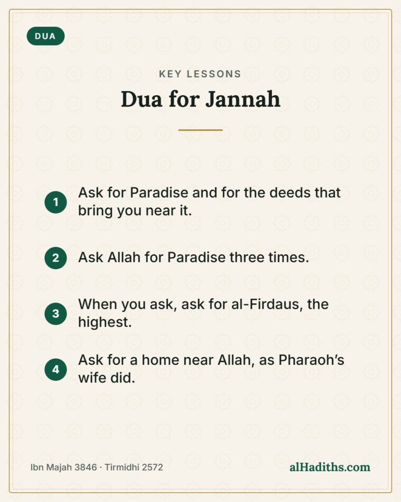 Dua for Jannah – key lessons card, Ibn Majah 3846 · Tirmidhi 2572