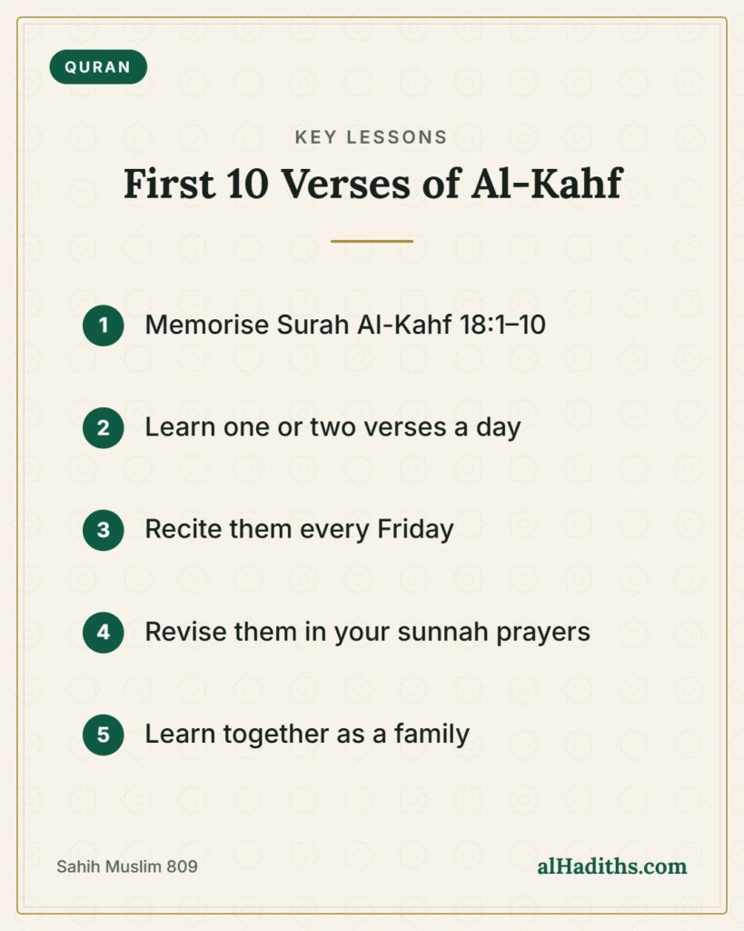 Key lessons: Memorise Surah Al-Kahf 18:1–10; Learn one or two verses a day; Recite them every Friday; Revise them in your sunnah prayers; Learn together as a family