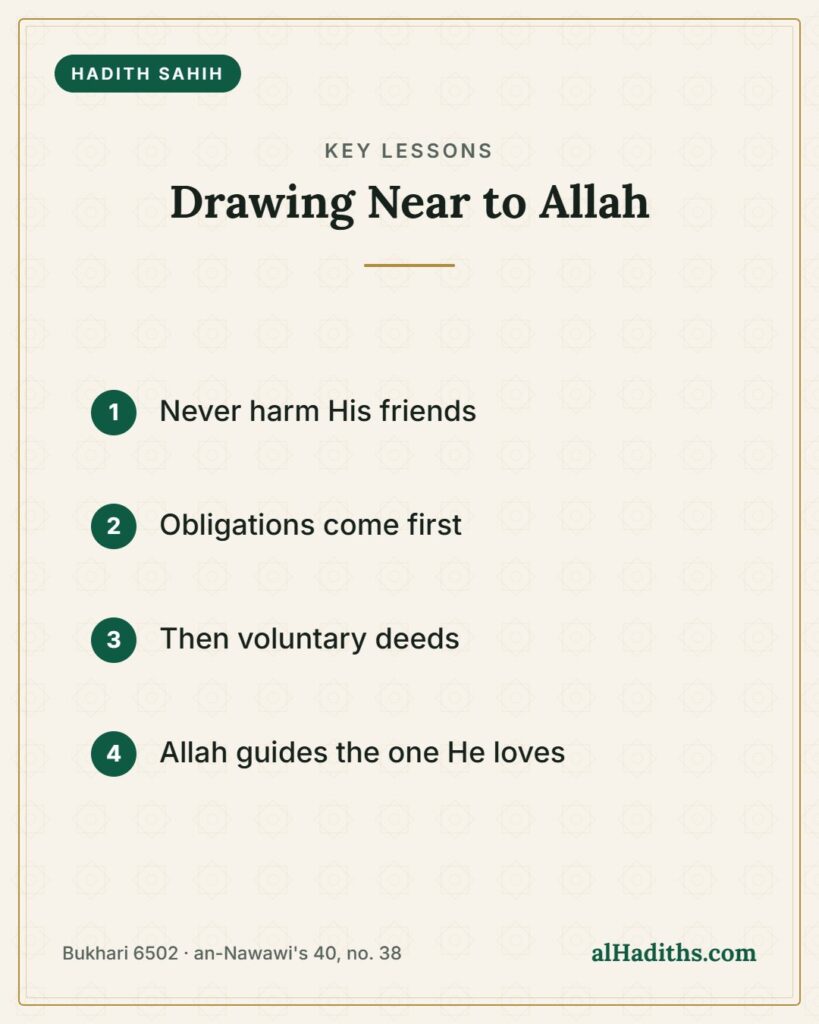 Drawing Near to Allah – key lessons card, Bukhari 6502 · an-Nawawi's 40, no. 38
