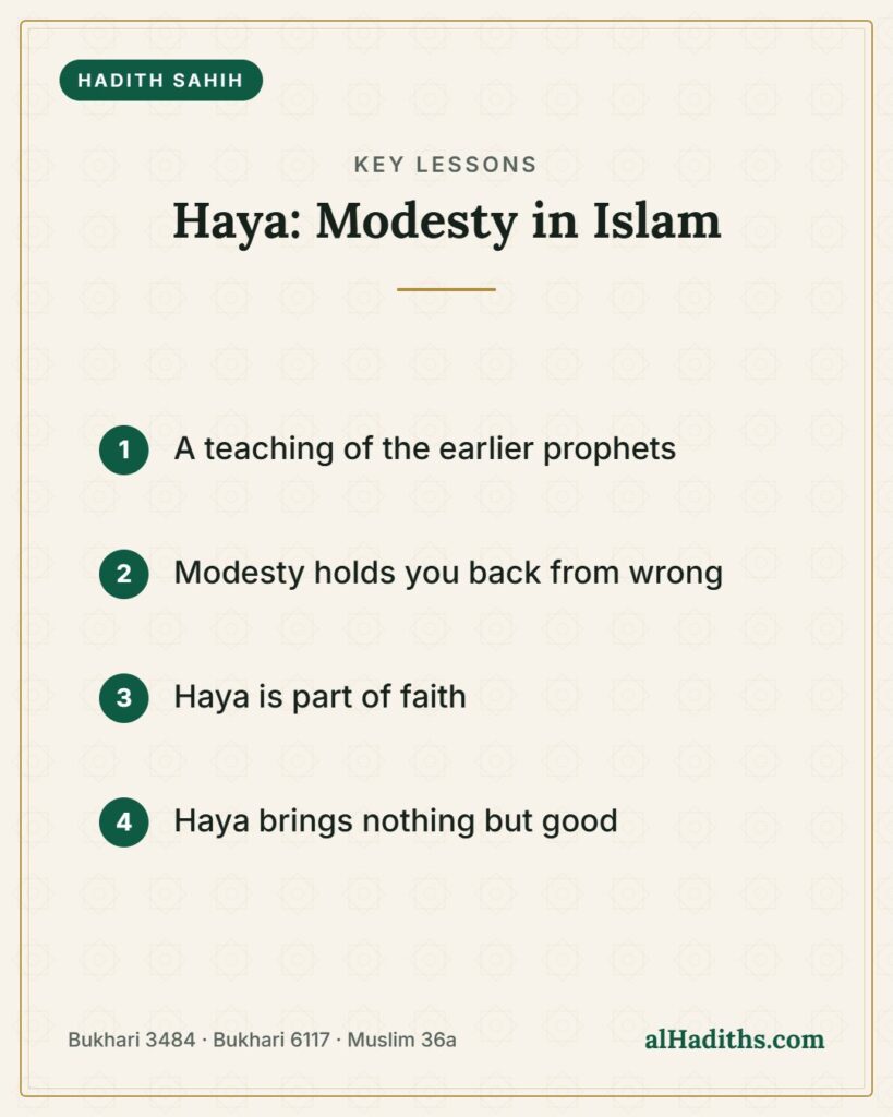 Haya: Modesty in Islam – key lessons card, Bukhari 3484 · Bukhari 6117 · Muslim 36a