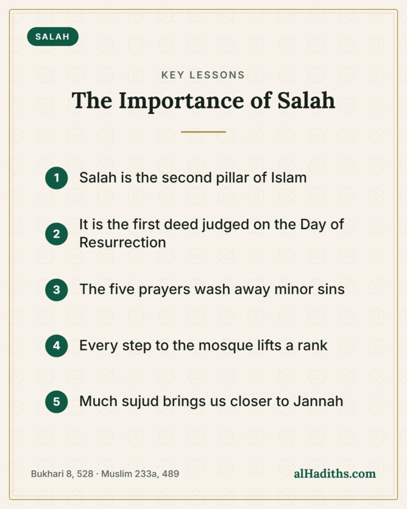 The Importance of Salah – key lessons card, Bukhari 8, 528 · Muslim 233a, 489