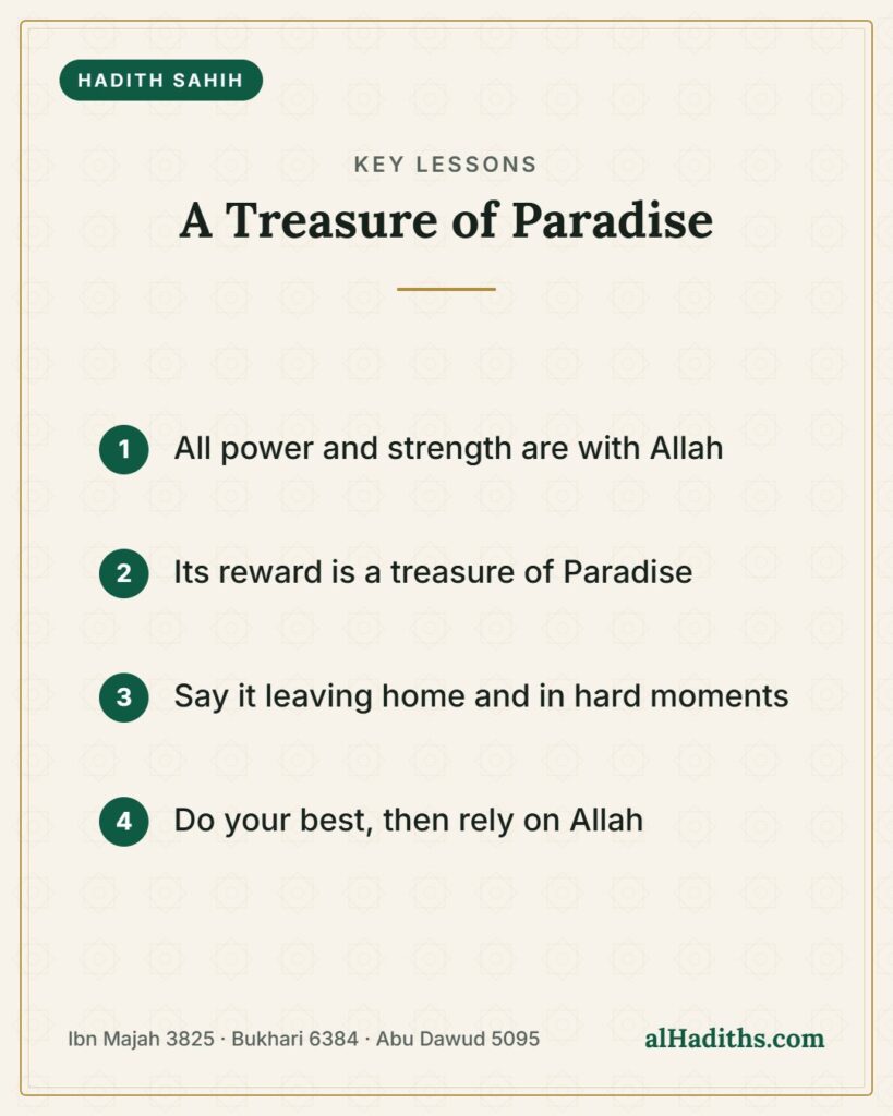 A Treasure of Paradise – key lessons card, Ibn Majah 3825 · Bukhari 6384 · Abu Dawud 5095