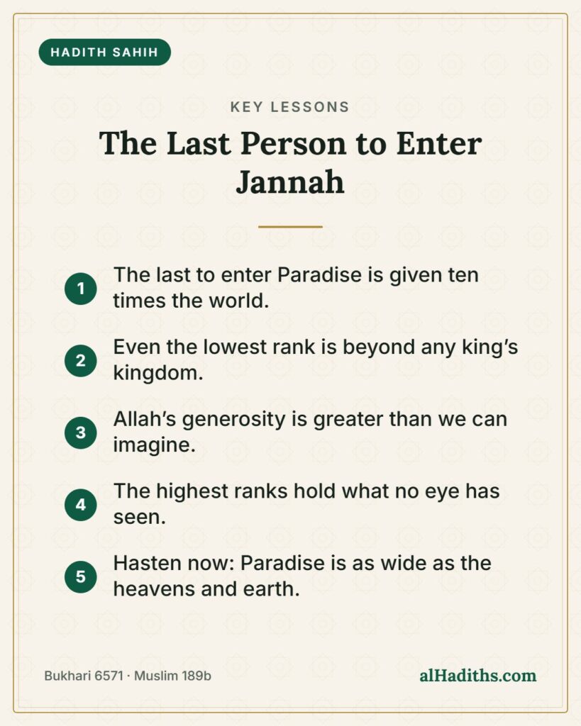 The Last Person to Enter Jannah – key lessons card, Bukhari 6571 · Muslim 189b