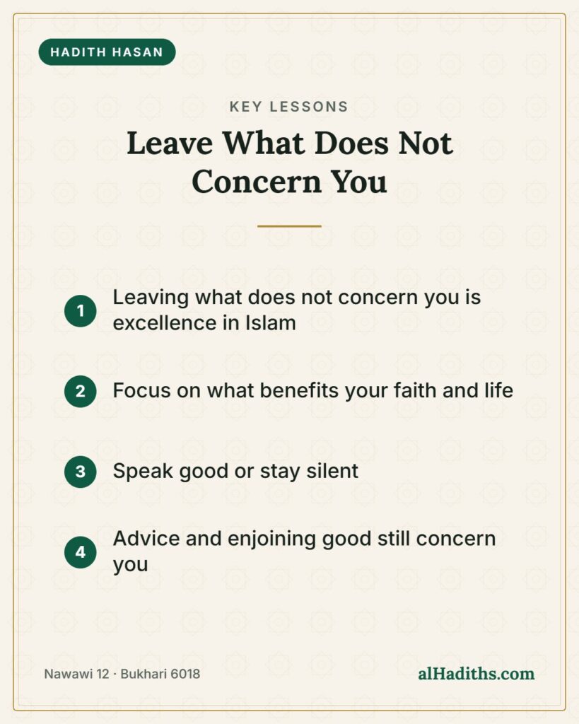 Leave What Does Not Concern You – key lessons card, Nawawi 12 · Bukhari 6018