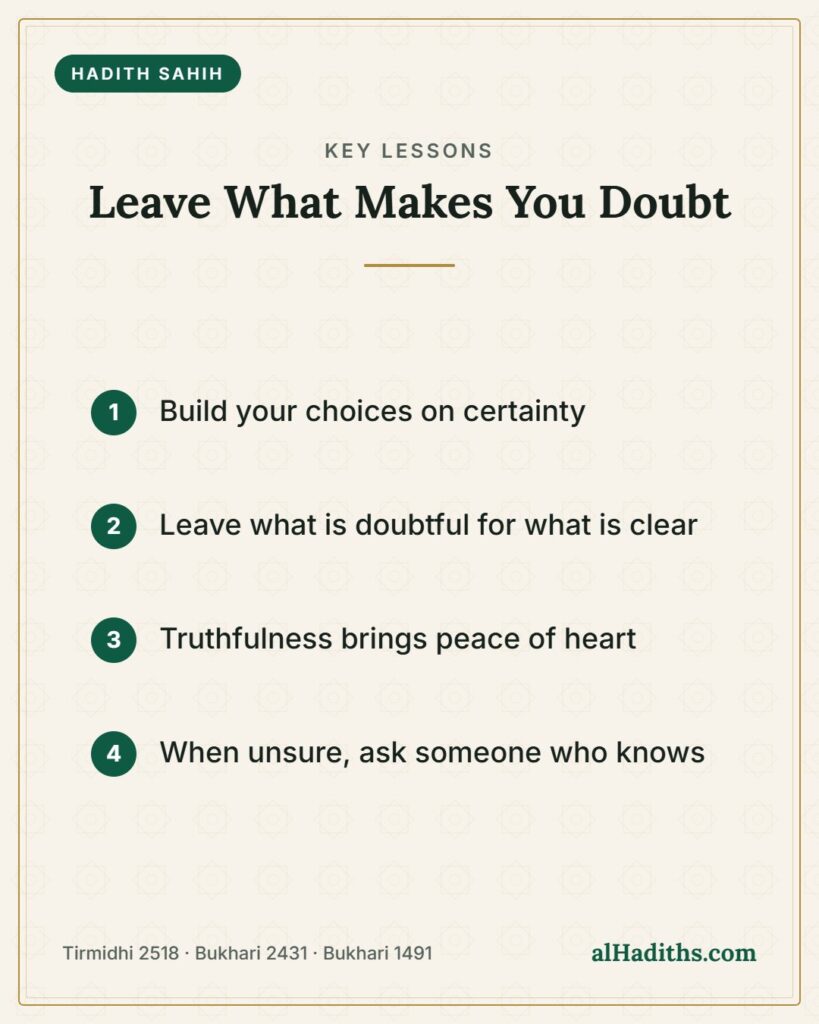 Leave What Makes You Doubt – key lessons card, Tirmidhi 2518 · Bukhari 2431 · Bukhari 1491