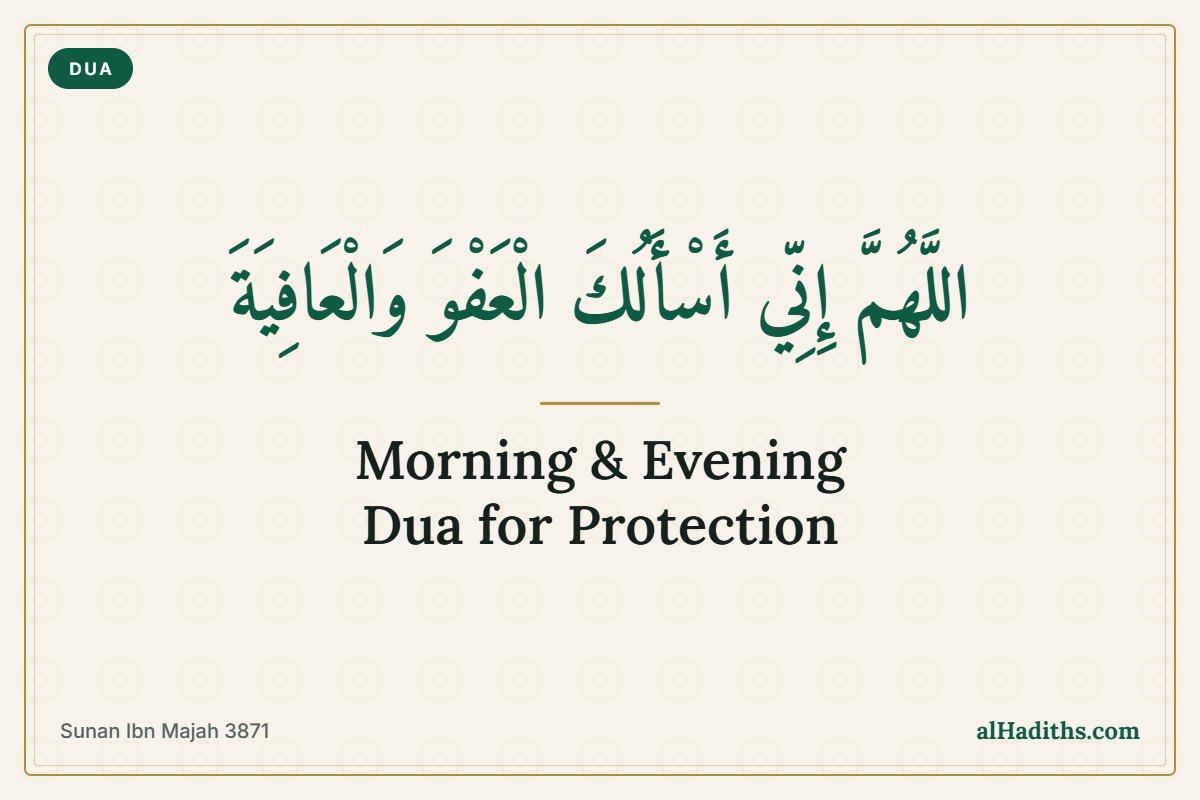 Morning and evening dua for protection – 'O Allah, I ask You for pardon and well-being' hadith card, Sunan Ibn Majah 3871