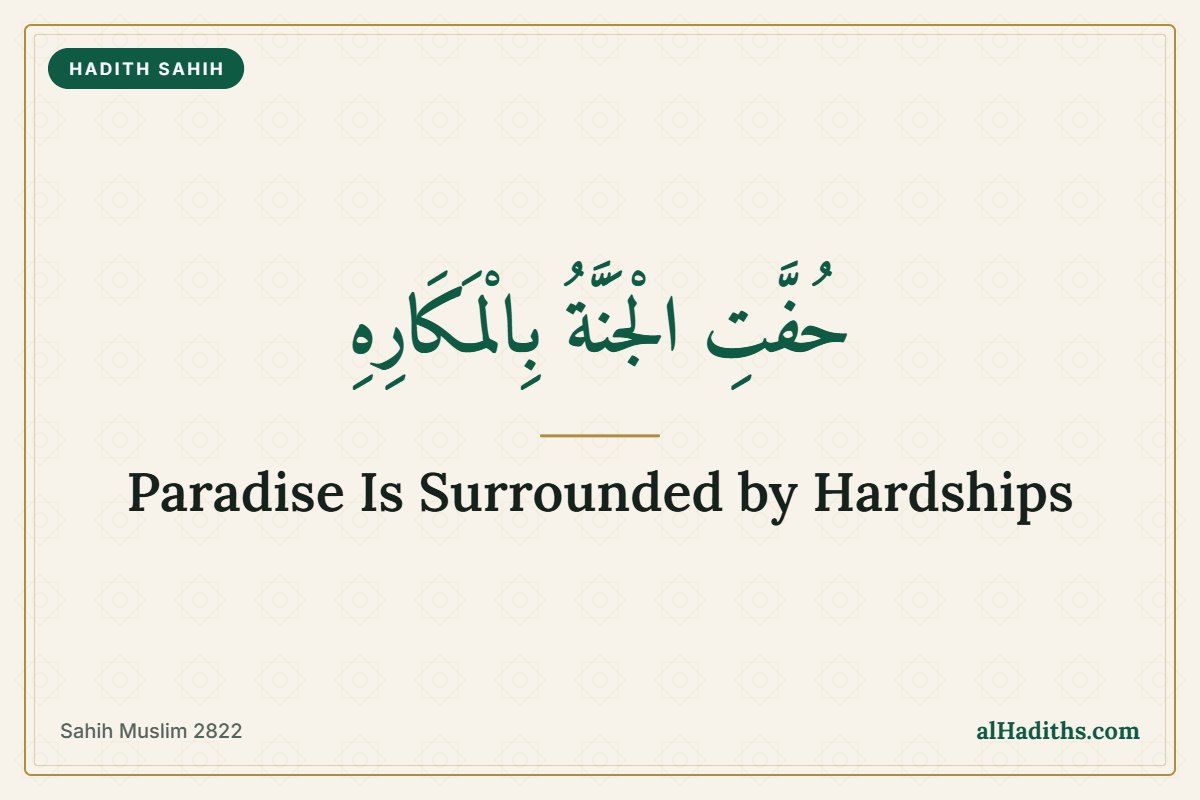 Arabic text from Sahih Muslim 2822: Paradise is surrounded by hardships