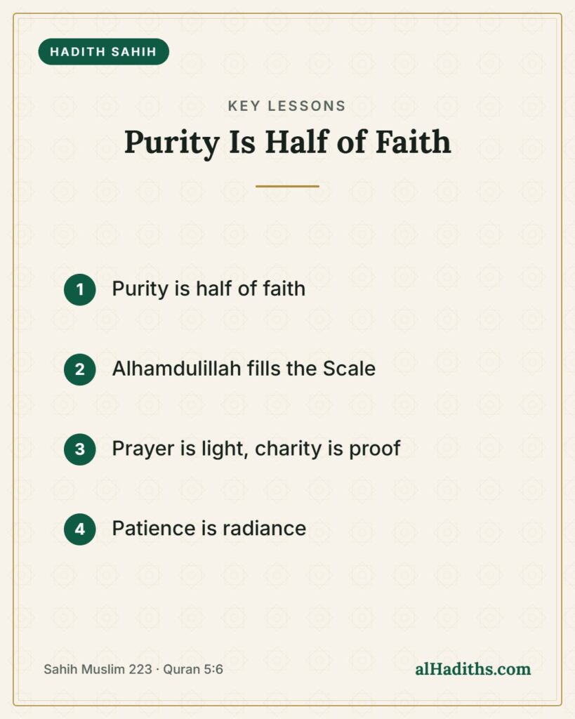 Purity Is Half of Faith – key lessons card, Sahih Muslim 223 · Quran 5:6