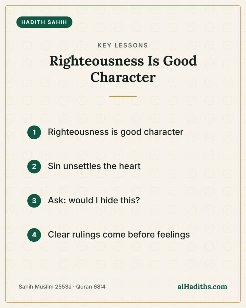 Righteousness Is Good Character – key lessons card, Sahih Muslim 2553a · Quran 68:4