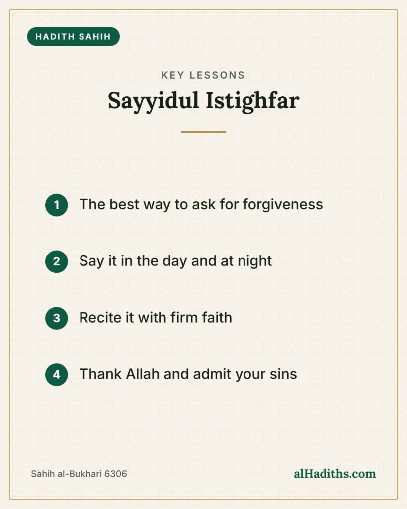 Sayyidul Istighfar – key lessons card, Sahih al-Bukhari 6306