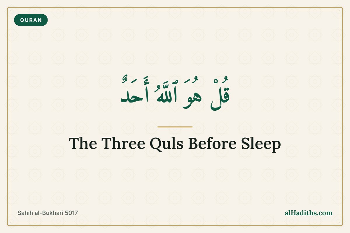 Surahs to recite before sleeping – the three Quls, Sahih al-Bukhari 5017