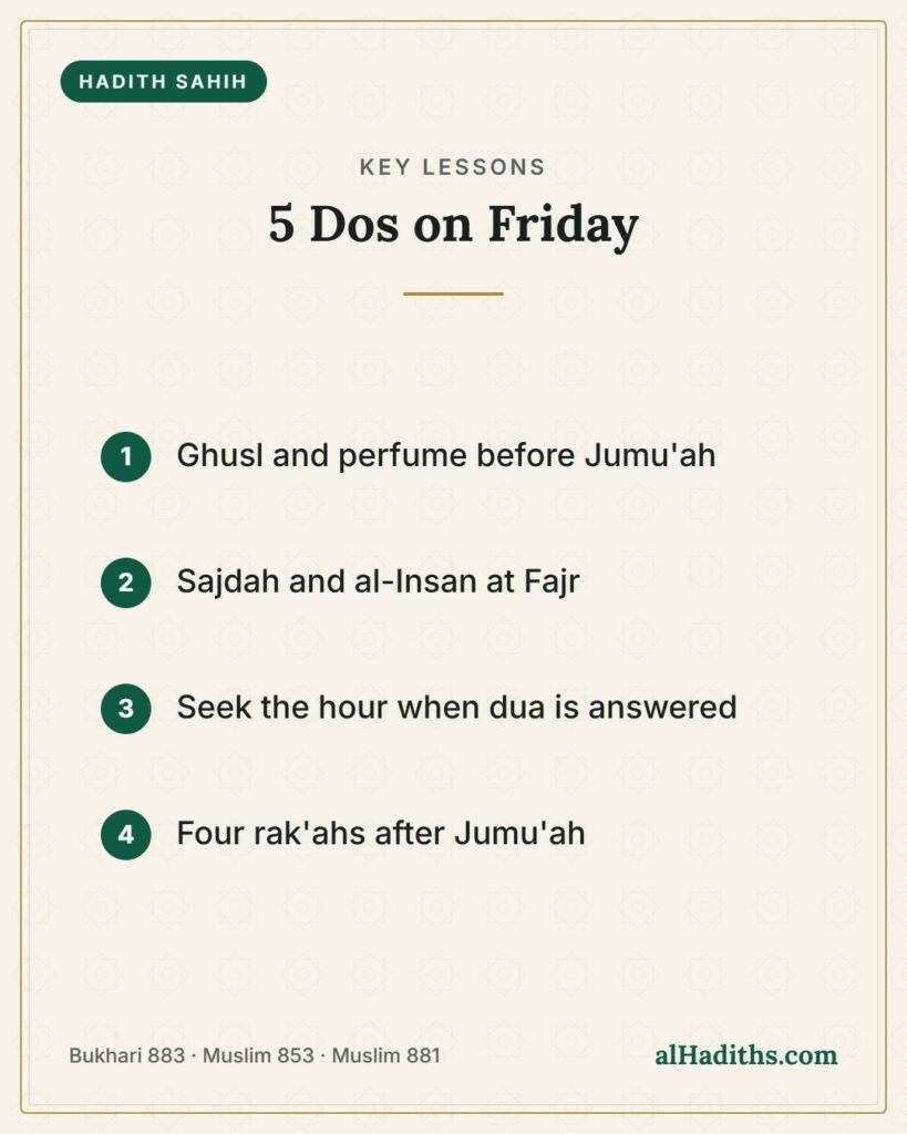 5 Dos on Friday – key lessons card, Bukhari 883 · Muslim 853 · Muslim 881